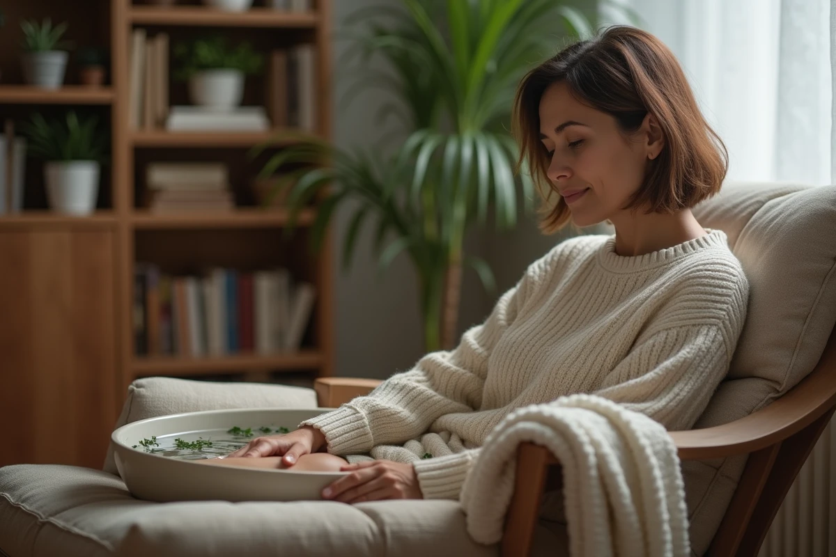 Femme d'âge moyen dans un salon cosy soaking sa jambe