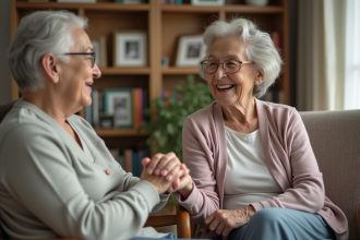 Femme âgée souriante avec aidant dans un salon chaleureux