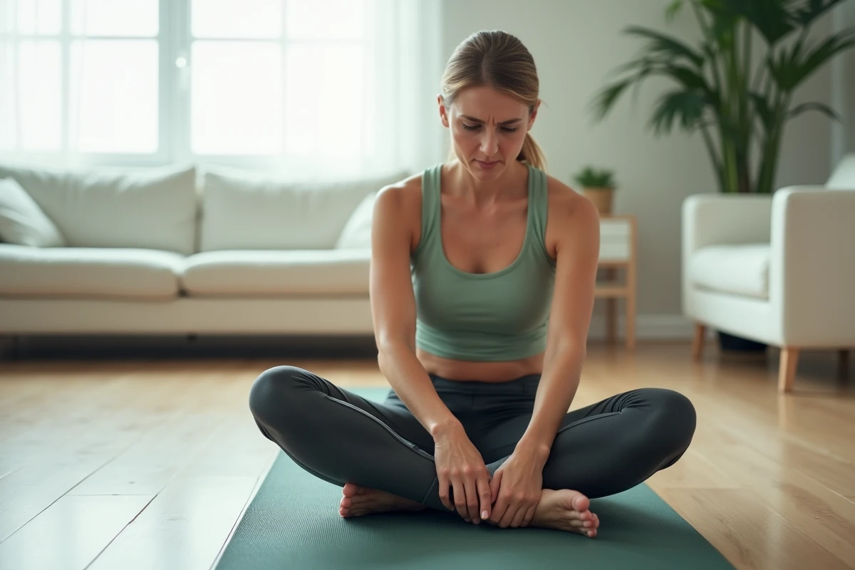 Femme appuyant sur son mollet contracté sur un tapis de yoga, illustrant les crampes et spasmes musculaires lors de l'activité physique