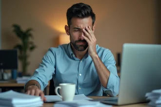 Homme au bureau se frottant l'œil avec une expression fatiguée, illustrant les spasmes musculaires liés au stress et à la fatigue visuelle