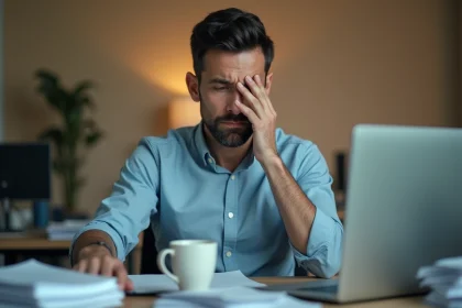 Homme au bureau se frottant l'œil avec une expression fatiguée, illustrant les spasmes musculaires liés au stress et à la fatigue visuelle