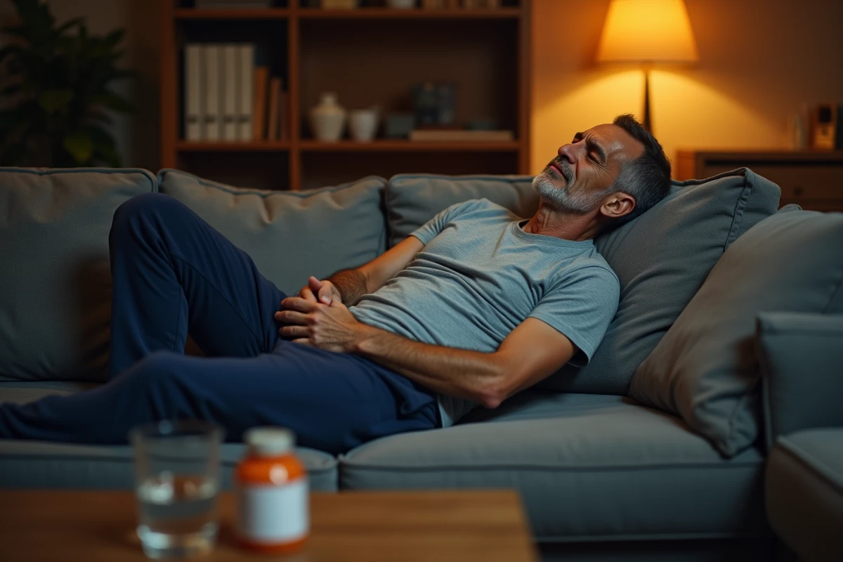 Homme d'âge mûr sur un canapé agrippant sa cuisse douloureuse en raison d'un spasme musculaire, contexte domestique et quotidien