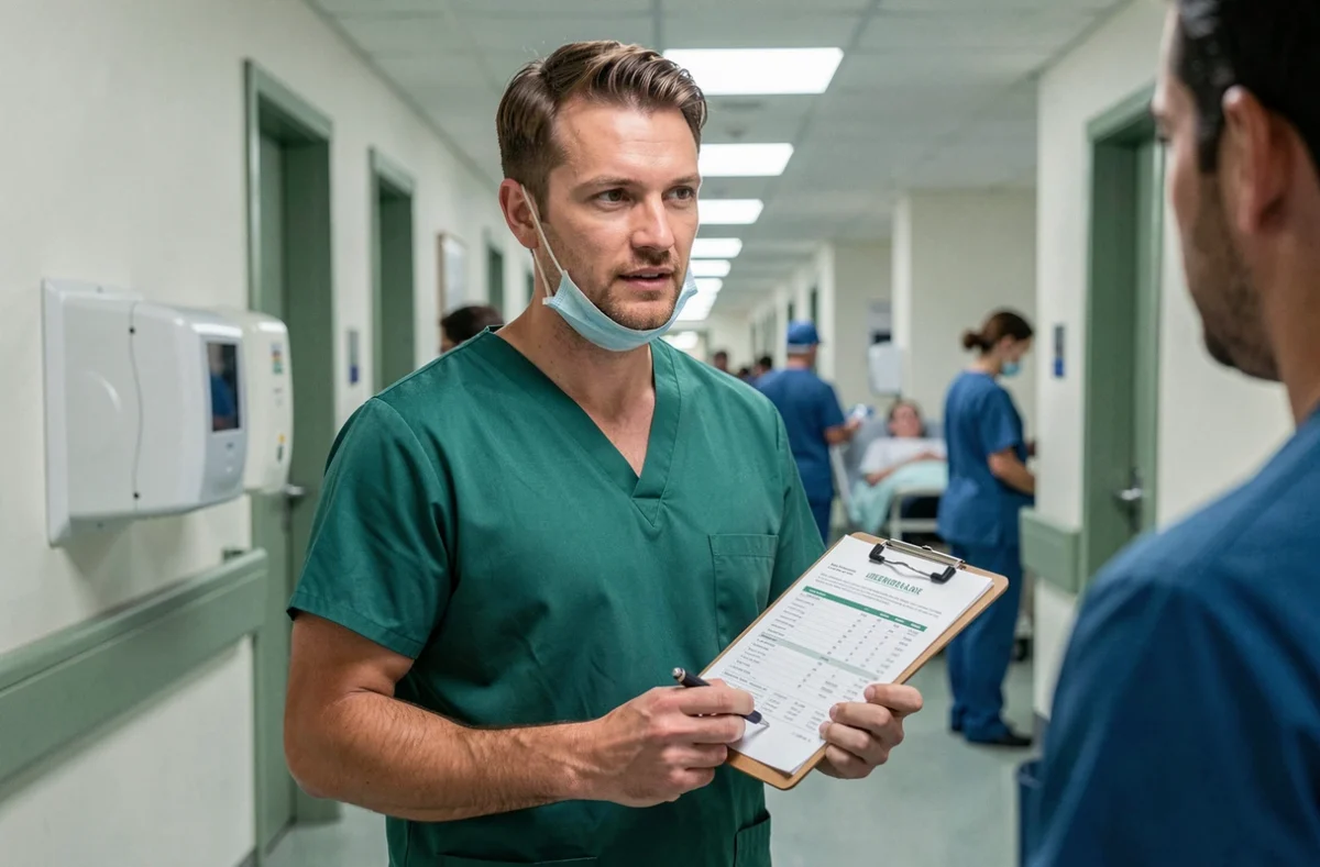 Spécialiste en maladies infectieuses discutant des résultats liés au nouveau variant Covid dans un couloir d'hôpital