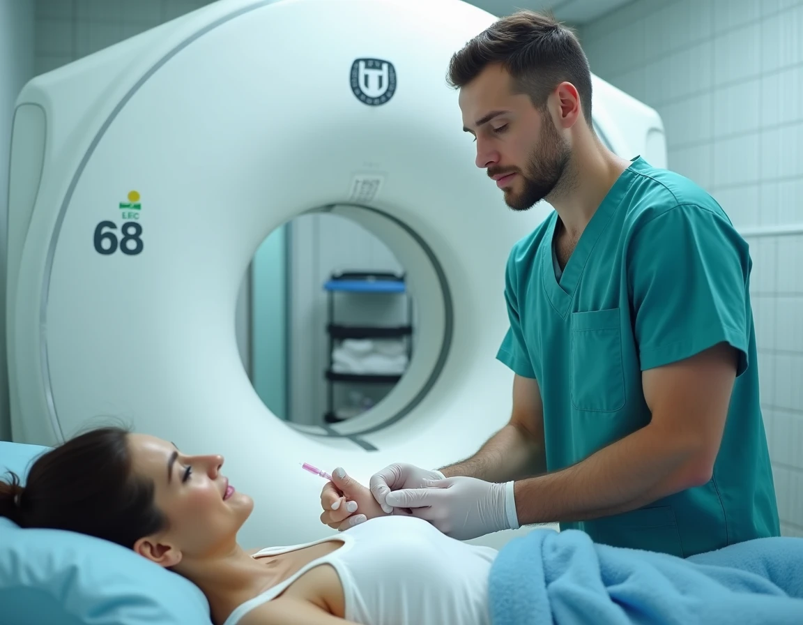 Technicien radiologue préparant l'injection de produit de contraste pour un scanner abdominal en salle d'examen