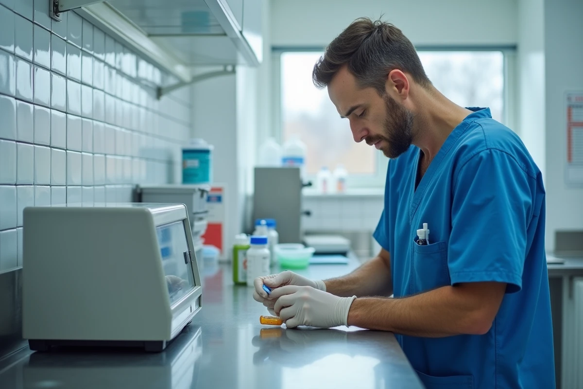 Technicien de laboratoire traitant un échantillon urinaire pour analyse de microalbuminurie