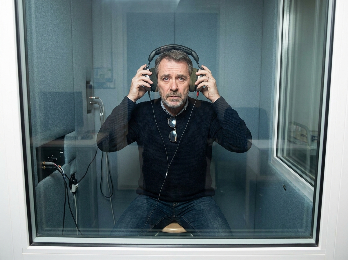 Homme en cabine audiométrique insonorisée lors d'un test auditif