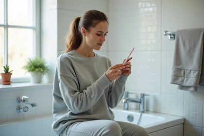 Jeune femme tenant un test de grossesse n&eacute;gatif assise sur le bord d'une baignoire avec une expression pensive