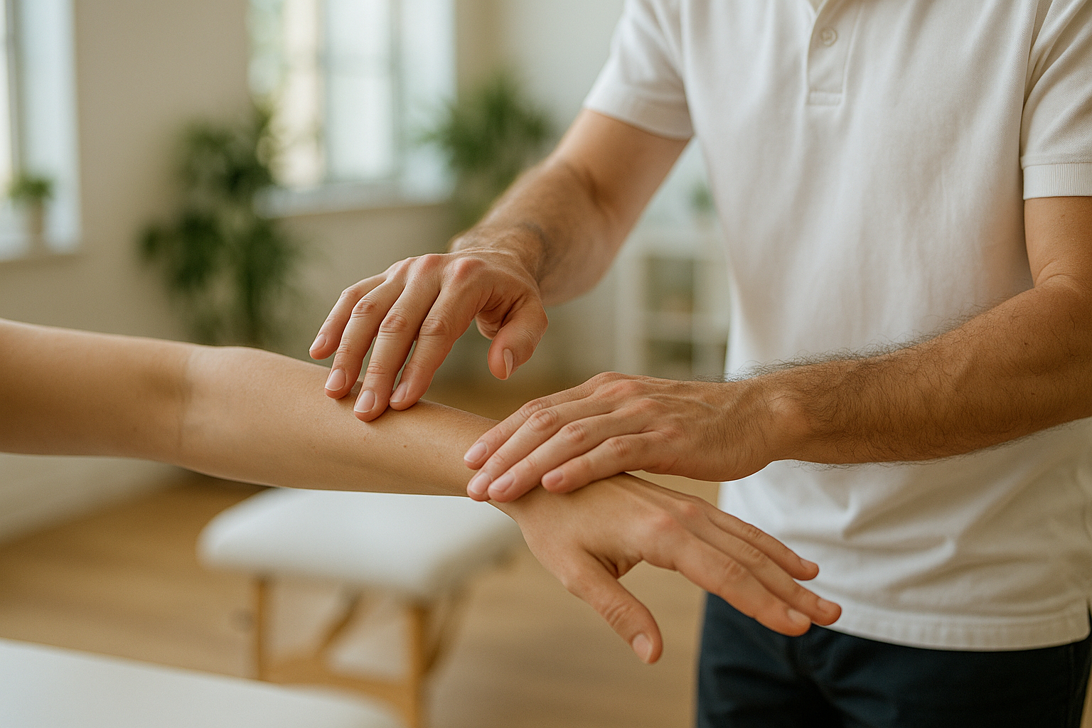 Gros plan sur des mains effectuant un test musculaire en clinique calme