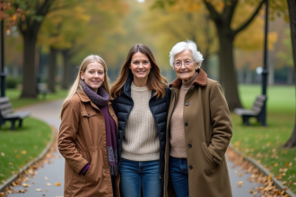 Trois générations de femmes dans un parc urbain