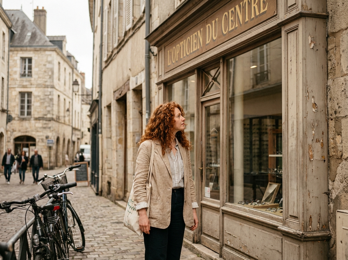 Jeune femme devant une vitrine d'opticien dans une rue pavée de Sens, Bourgogne